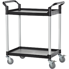 Schäfer Shop Pure Chariot à plateaux, 2 plateaux, jusqu'à 200 kg, 2 poignées de poussée, roues pivotantes, aluminium &amp; plastique, L 850 x l 480 x H 950 mm, plateaux noirs