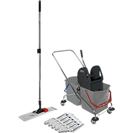 Schäfer Shop Pure Reinigungswagen Set, Doppelfahreimer 2x 27 Liter, mit Presse, + Kunststoff-Klapphalter & 5x Baumwollmopp